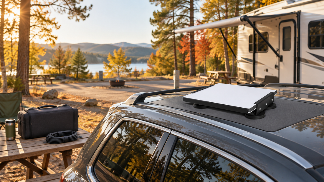 Starlink Mini mounted on a parked SUV beside an RV campsite with a case and power cable