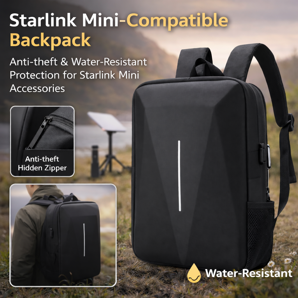 Starlink Mini travel backpack prepared for a portable remote-work setup