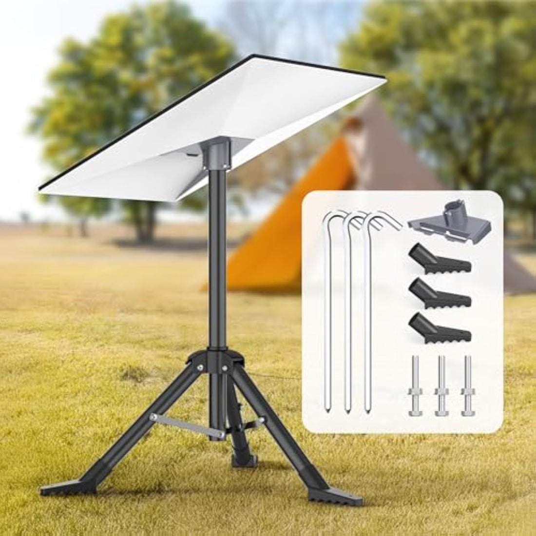Tripod mount supporting Starlink Mini at a weekend campsite