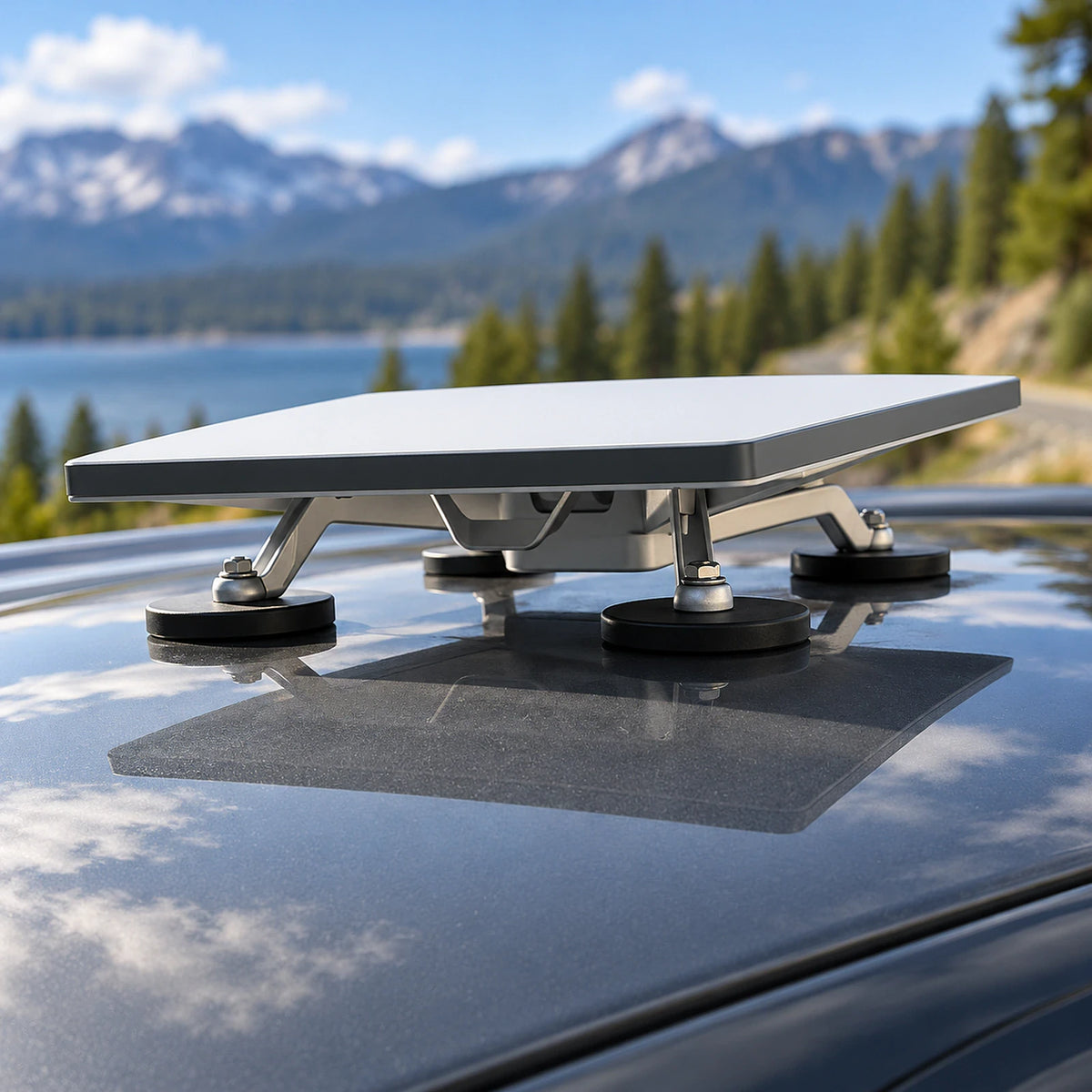 AerolinkGear X-frame four-magnet roof mount holding Starlink Mini V4 on a parked vehicle