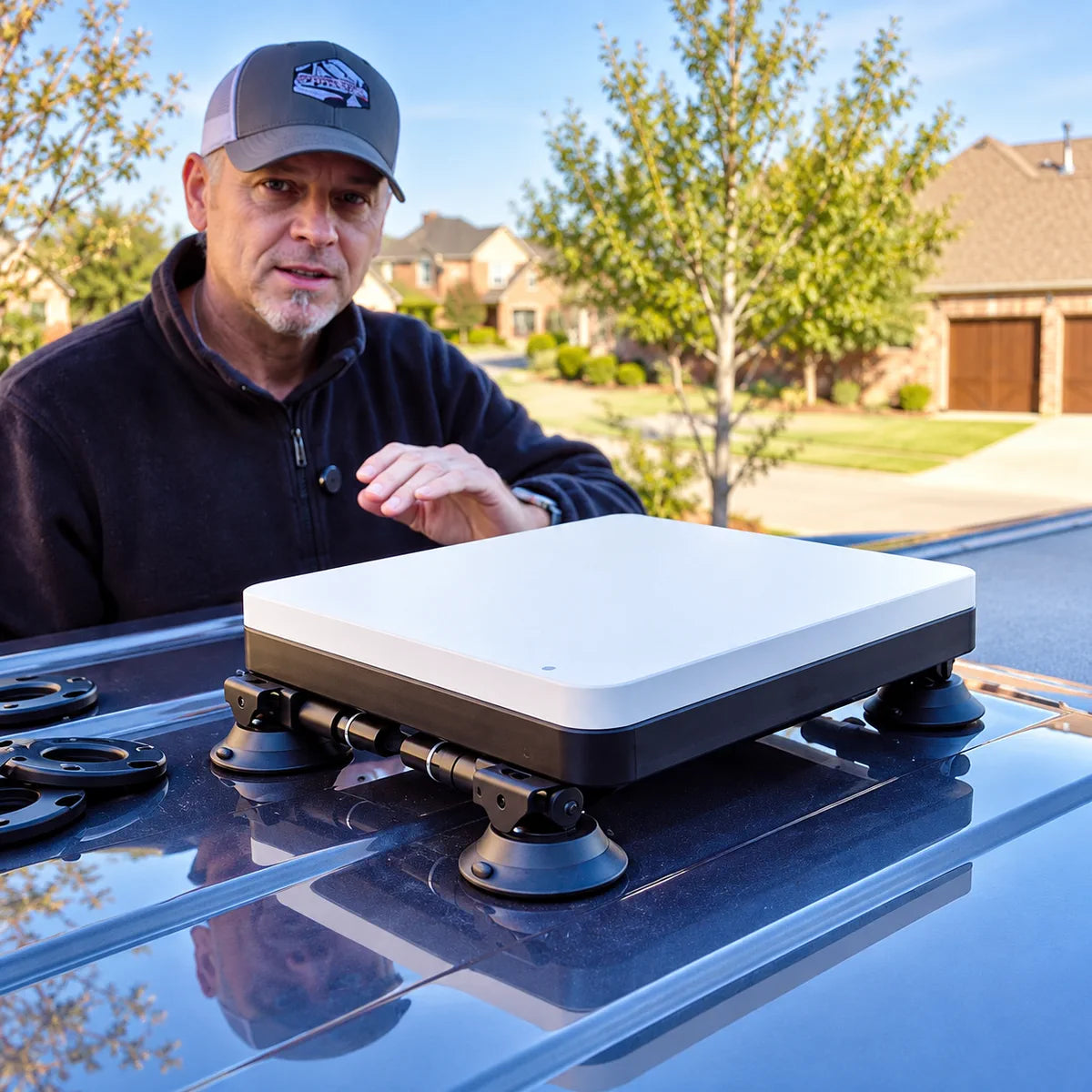Starlink Mini in an AeroLinkGear protective case mounted on a vehicle roof with four suction-cup arms.