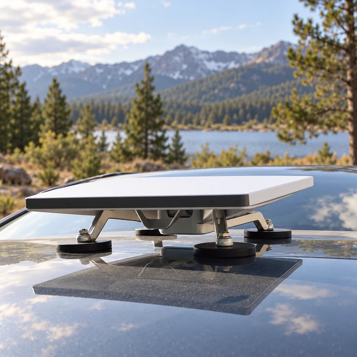 Starlink Mini V4 mounted on a compatible metal roof at a parked campsite