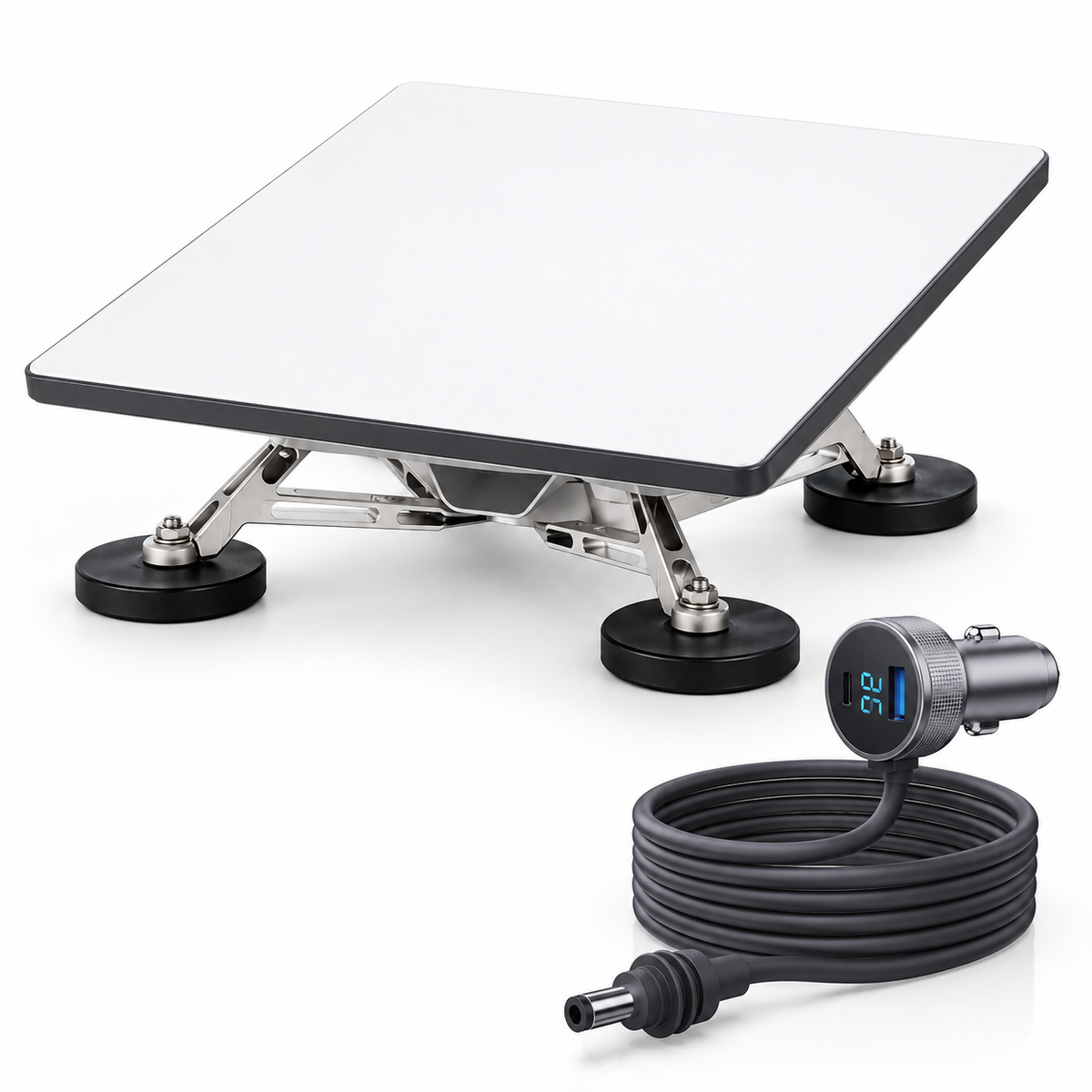 AerolinkGear X-frame four-magnet roof mount and 10 ft vehicle power adapter for Starlink Mini V4; terminal shown for fit reference and sold separately.
