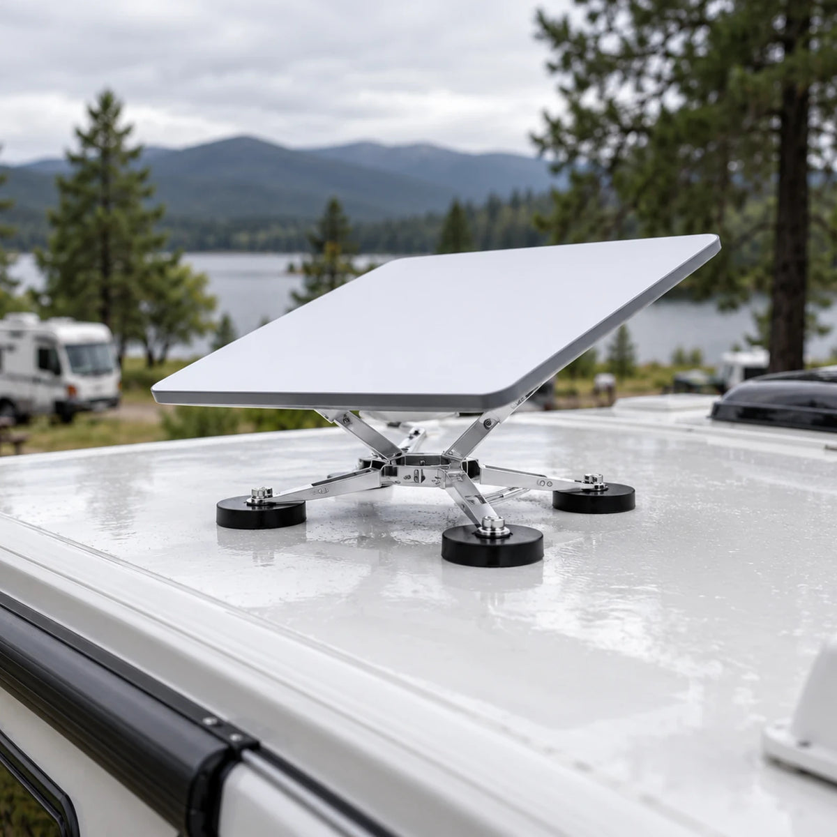 Four-magnet Starlink Mini V4 mount positioned on a compatible parked RV roof