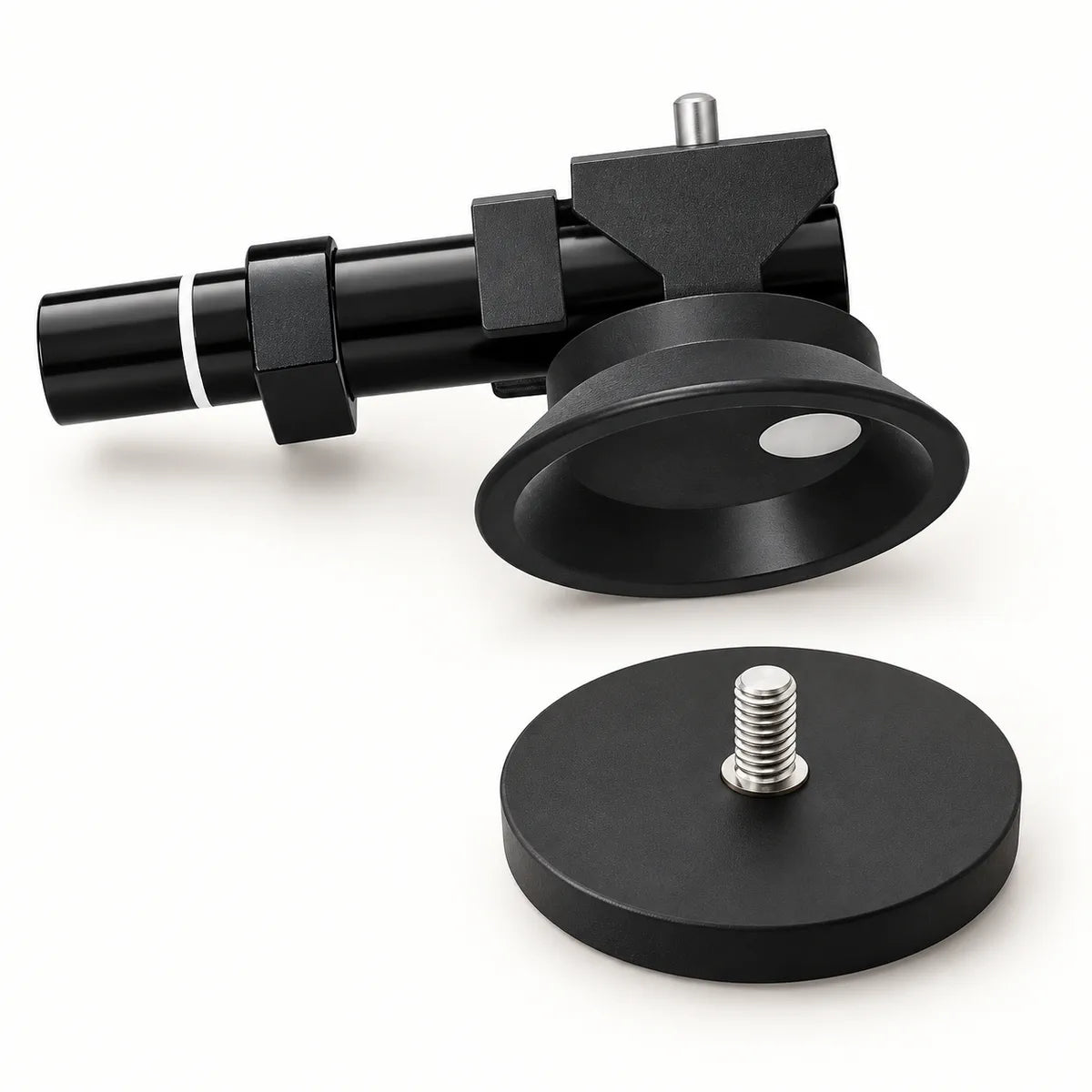 Close-up of a black suction-cup mounting arm and round magnetic base for the AeroLinkGear Starlink Mini protective case.