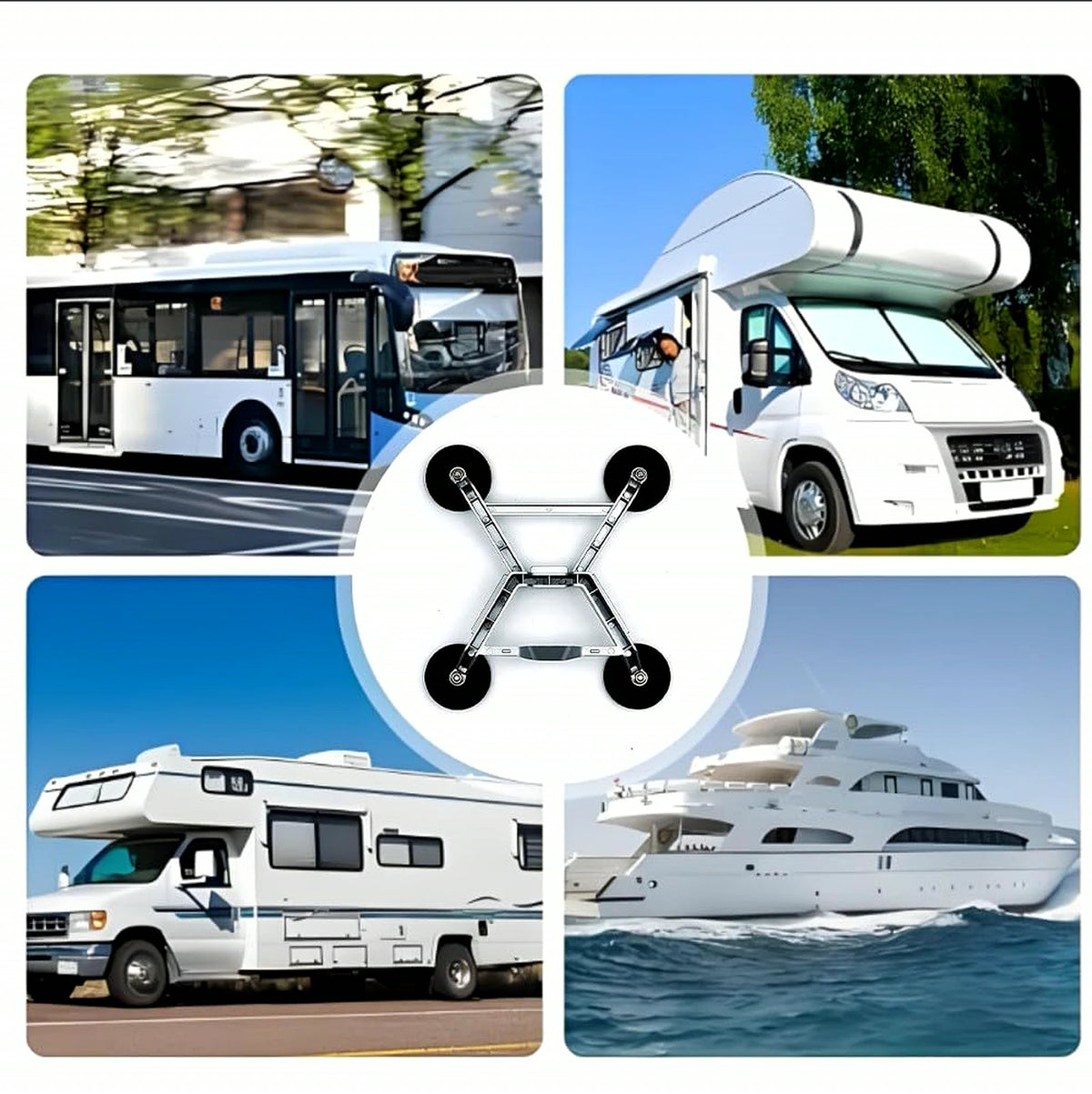 Parked RV and marine use examples for a four-magnet Starlink Mini V4 mount on compatible metal surfaces