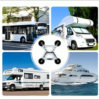 Parked RV and marine use examples for a four-magnet Starlink Mini V4 mount on compatible metal surfaces