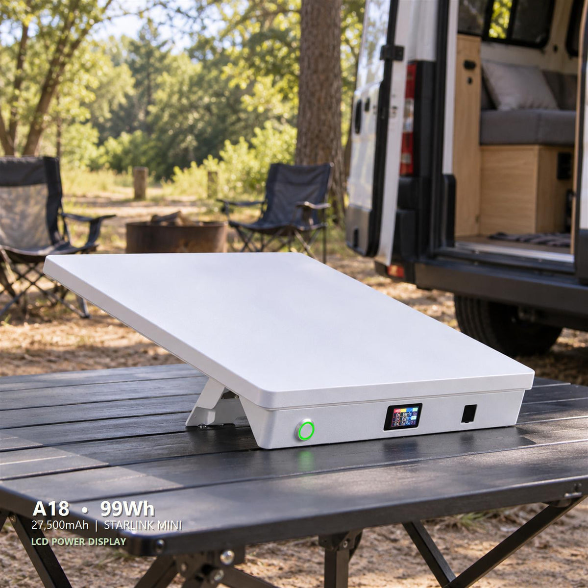 A18 LCD Power Display battery base supporting Starlink Mini at a campsite