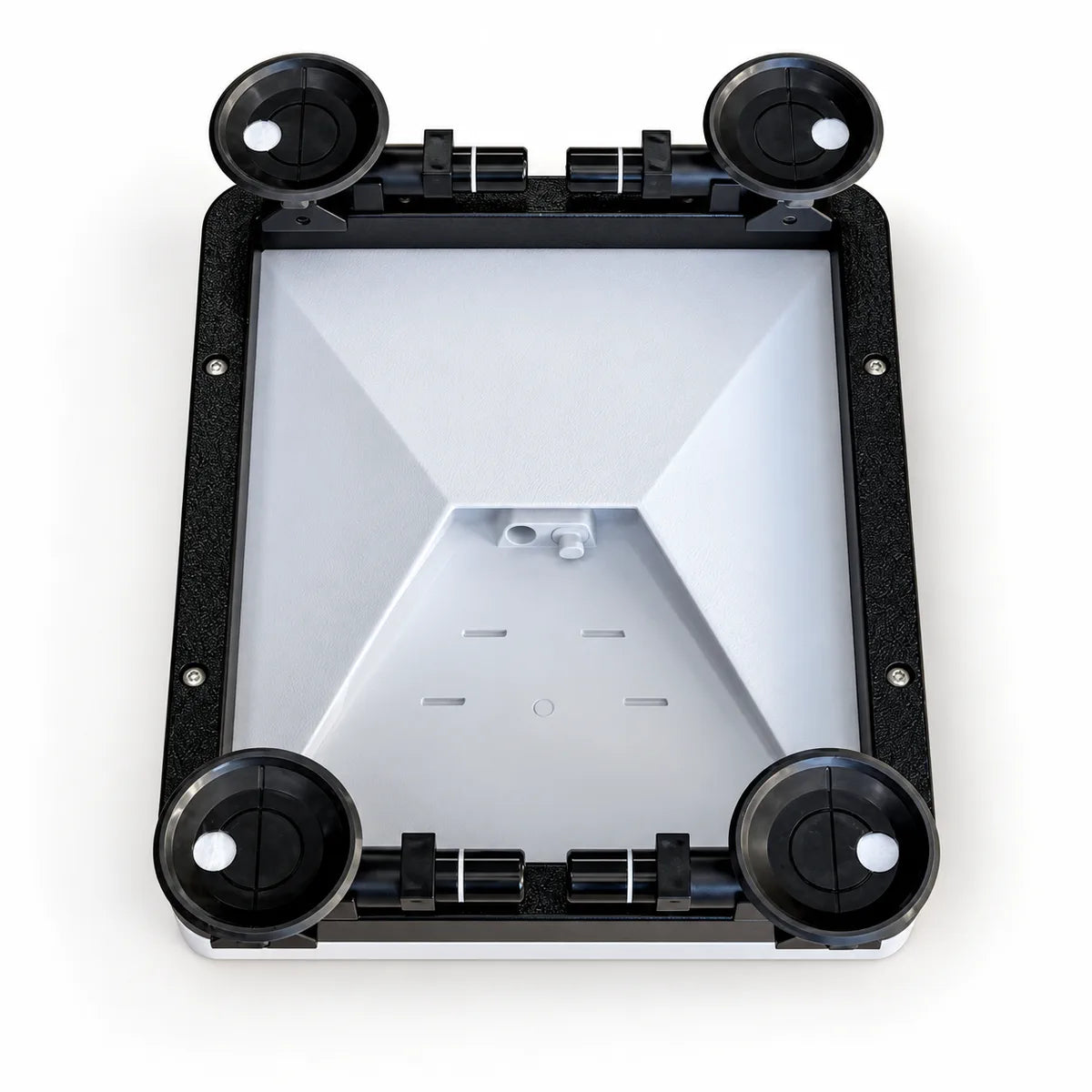 Starlink Mini protective case underside with four black suction-cup mounting assemblies.