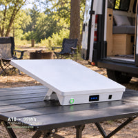 A18 LED Charge Indicator battery base supporting Starlink Mini at a campsite