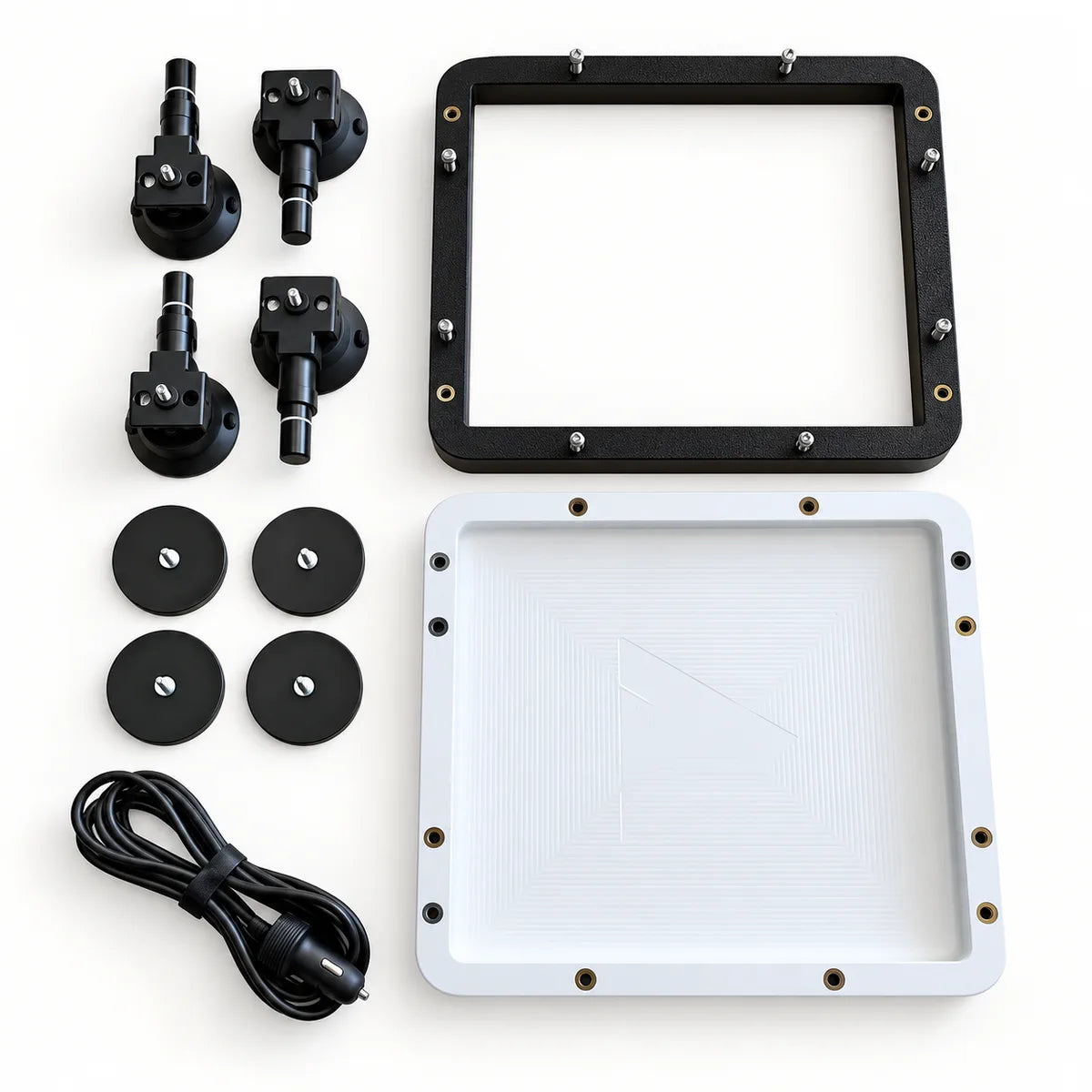 Flat lay of AeroLinkGear Starlink Mini protective case components with four suction-cup arms, four magnetic bases and a vehicle power cable.