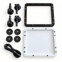 Flat lay of AeroLinkGear Starlink Mini protective case components with four suction-cup arms, four magnetic bases and a vehicle power cable.