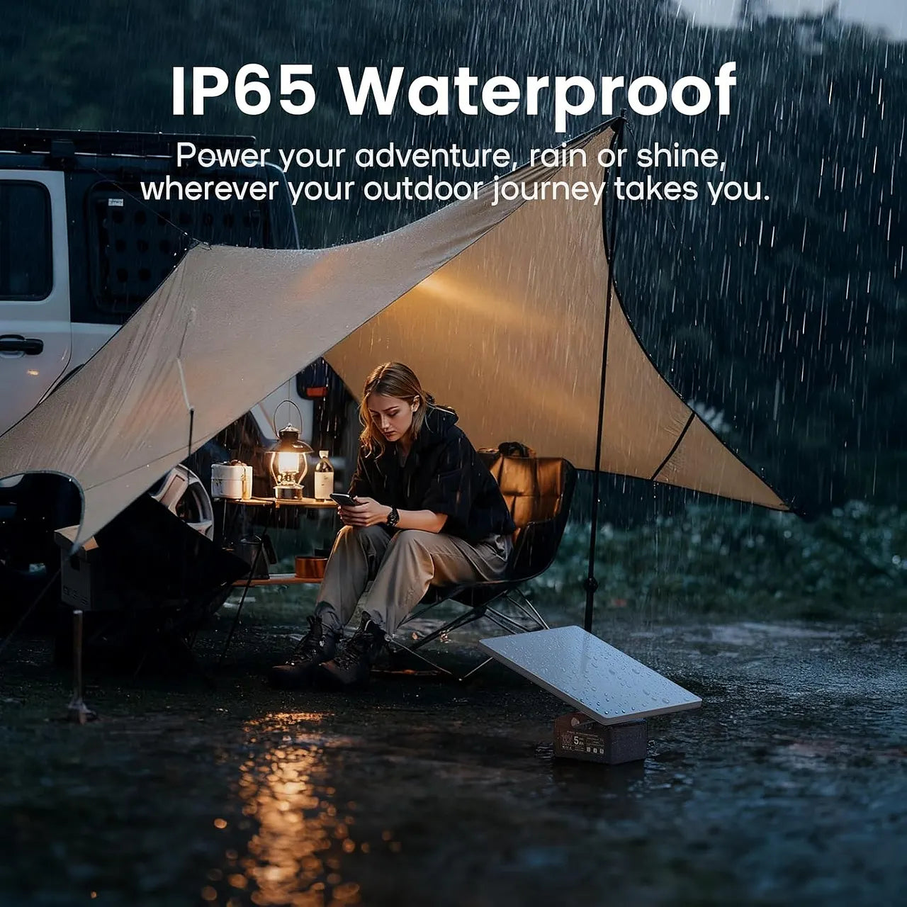 IP65-rated LinkCore battery powering Starlink Mini at a rainy campsite