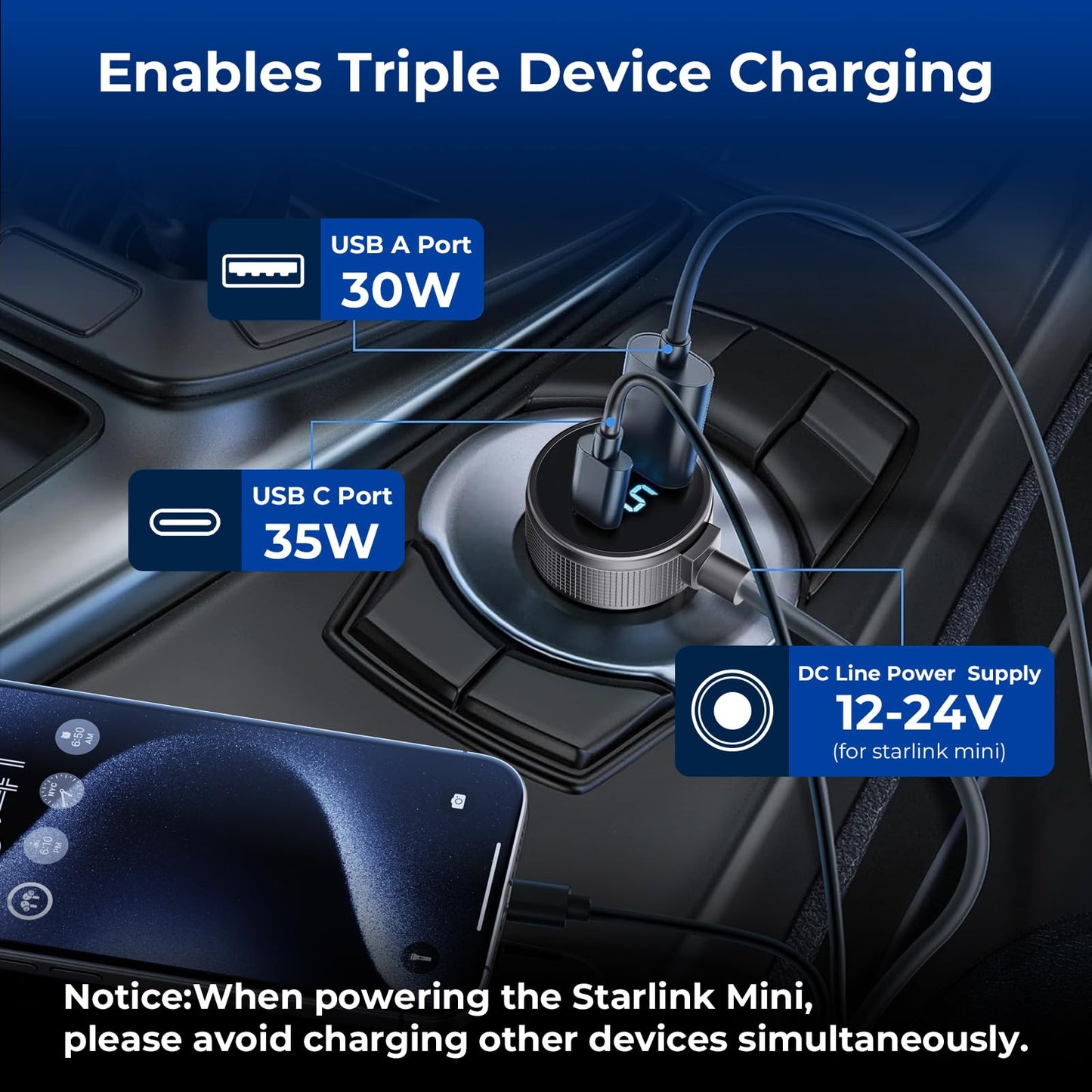 Starlink Mini 3-in-1 Cable USB-C Car Charger DC view 2