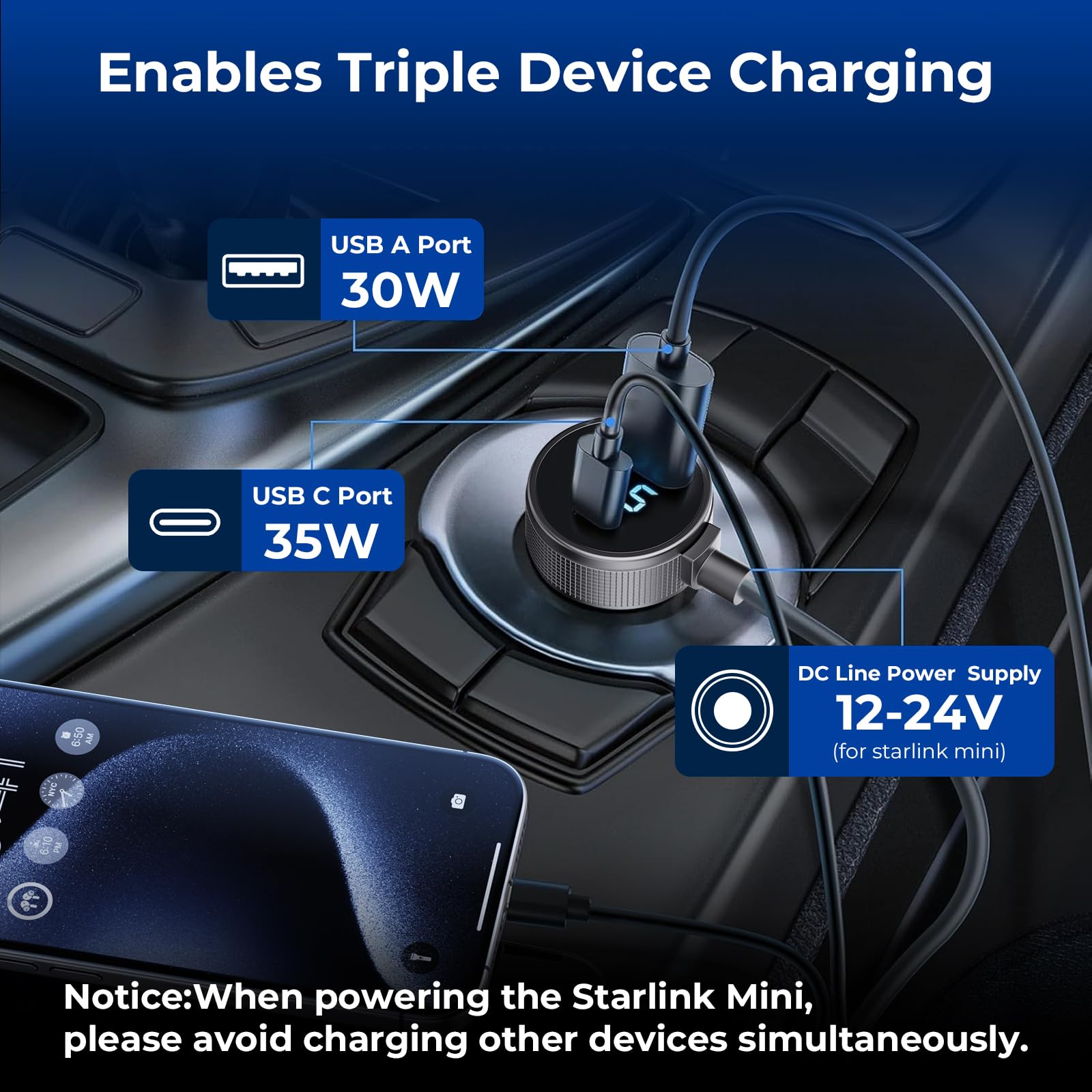 Starlink Mini 3-in-1 Cable USB-C Car Charger DC view 2