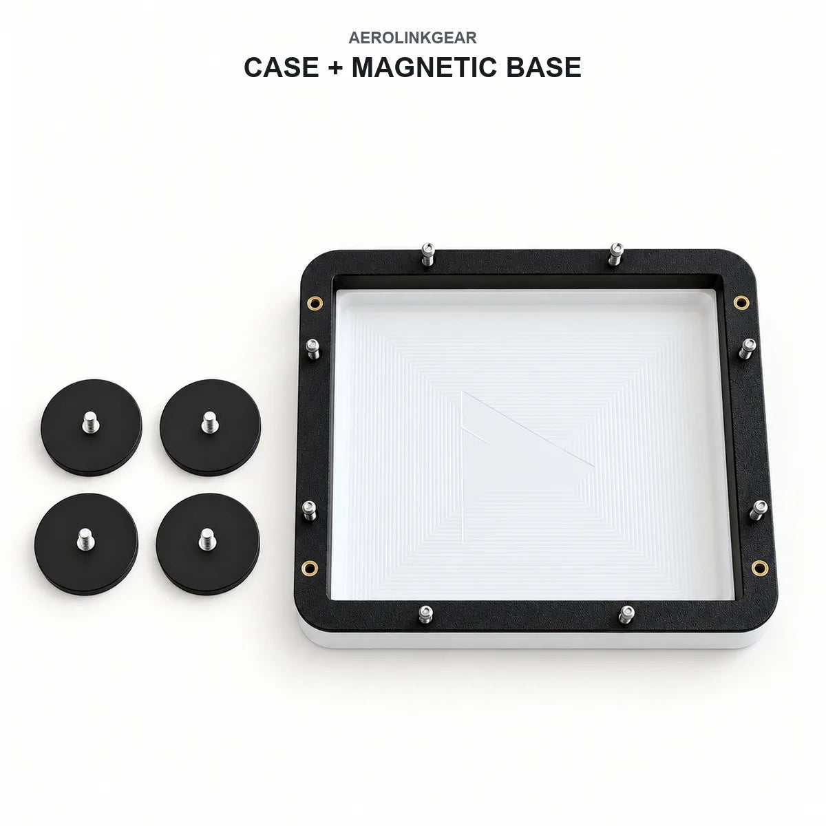 AeroLinkGear Starlink Mini protective case with four round magnetic mounting bases displayed beside it.