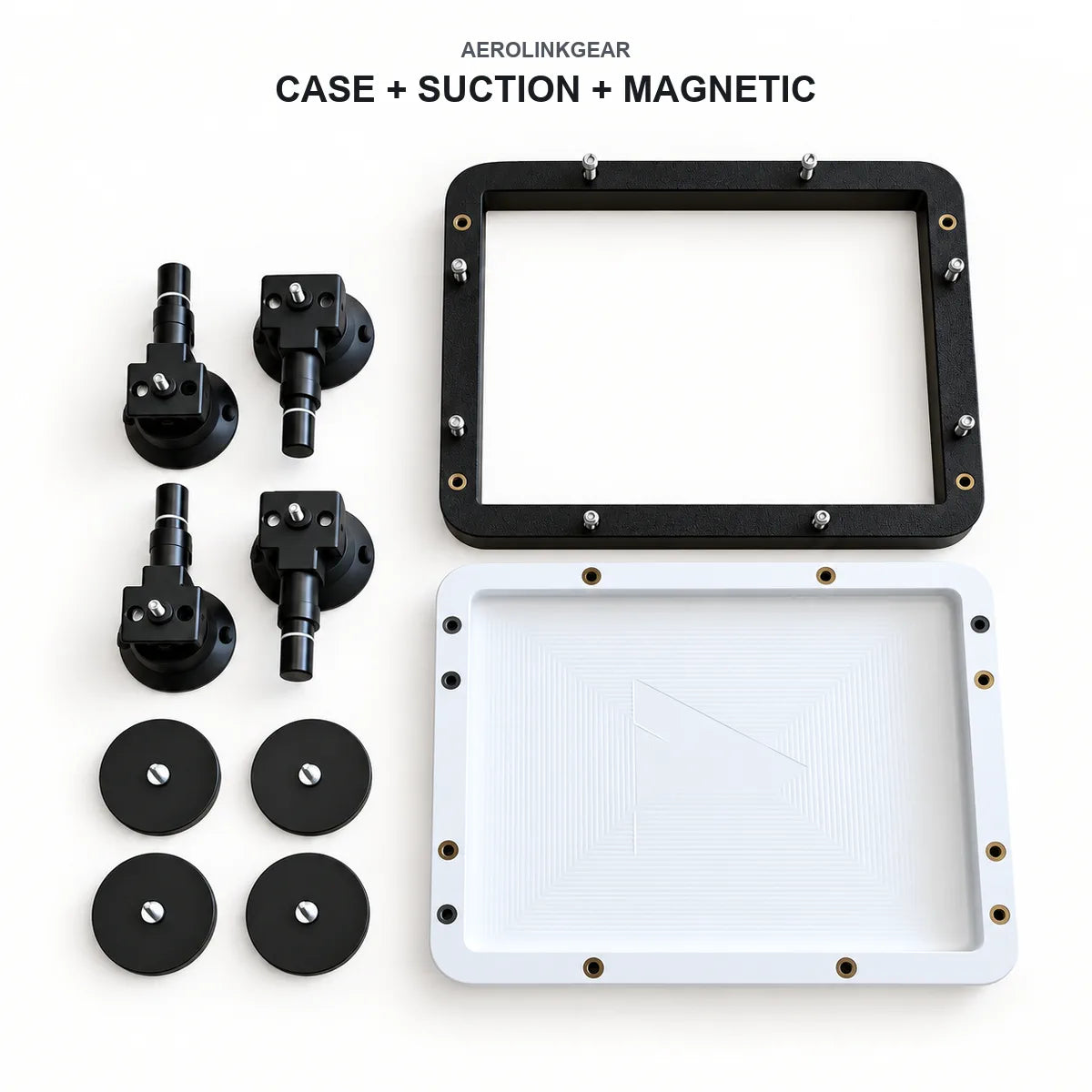 AeroLinkGear Starlink Mini protective case, four suction-cup arms and four magnetic bases arranged in a full-kit flat lay.