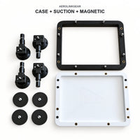 AeroLinkGear Starlink Mini protective case, four suction-cup arms and four magnetic bases arranged in a full-kit flat lay.