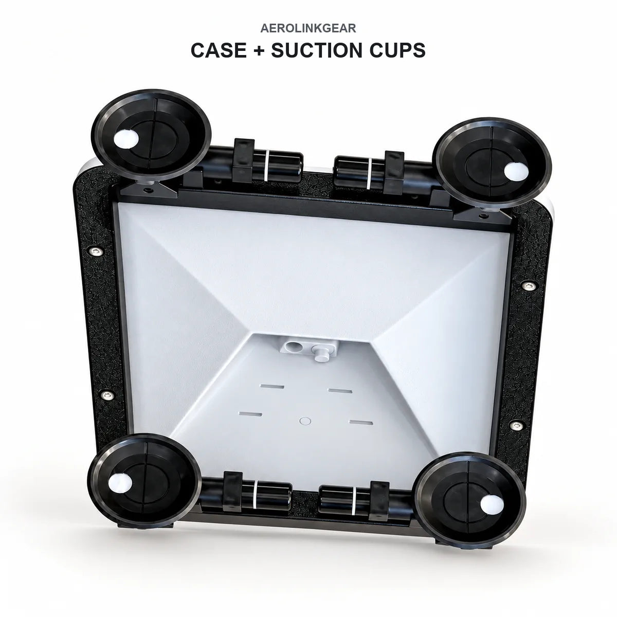 AeroLinkGear protective case and four suction-cup assemblies for Starlink Mini on a white background.
