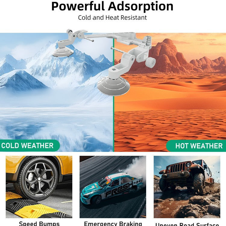 Dual suction cup mount tested for hot, cold, and uneven road conditions