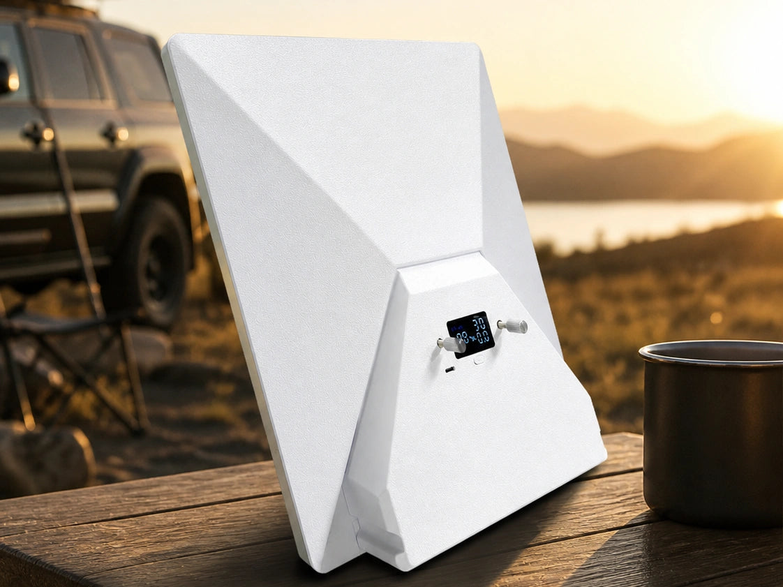 Starlink Mini with an integrated battery stand at an outdoor campsite