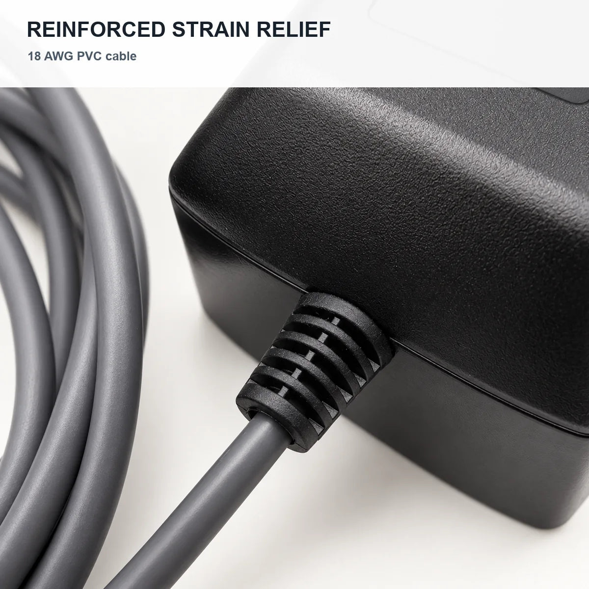 Reinforced strain relief and 18 AWG PVC cable on the M18-compatible DC5521 power cable