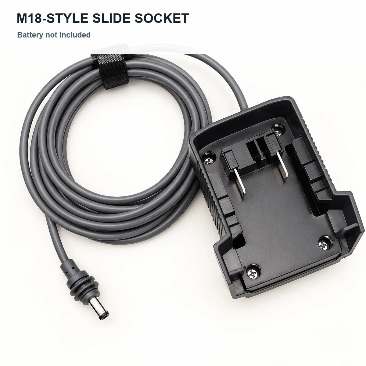 M18-style slide-battery socket on the DC5521 power cable; battery not included