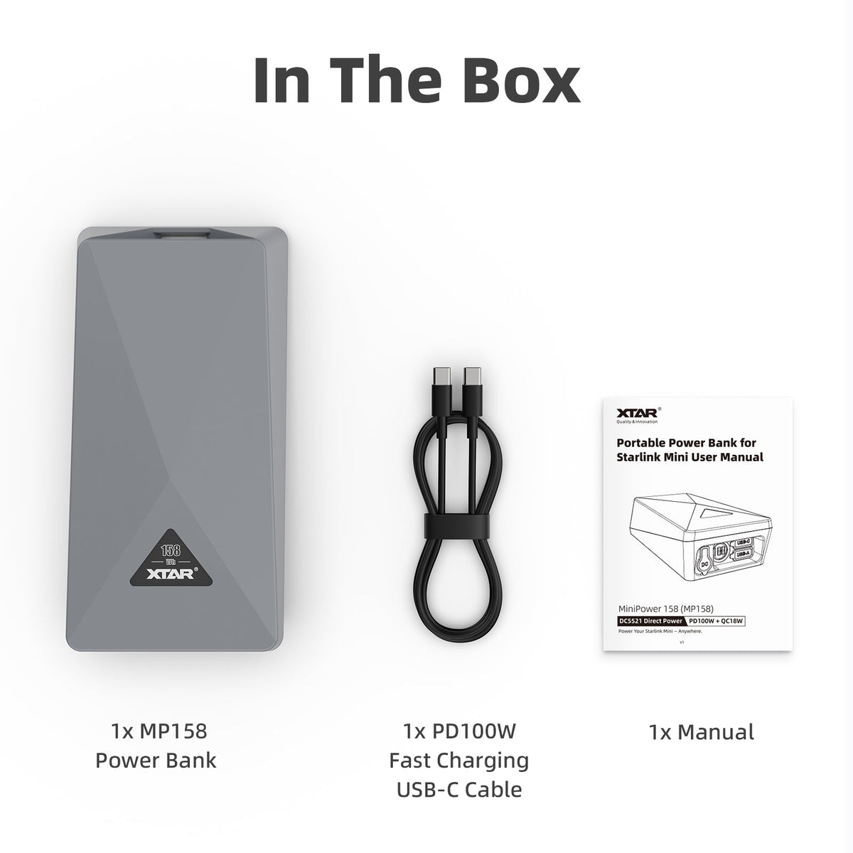 MP158 power bank USB-C cable and manual in the box