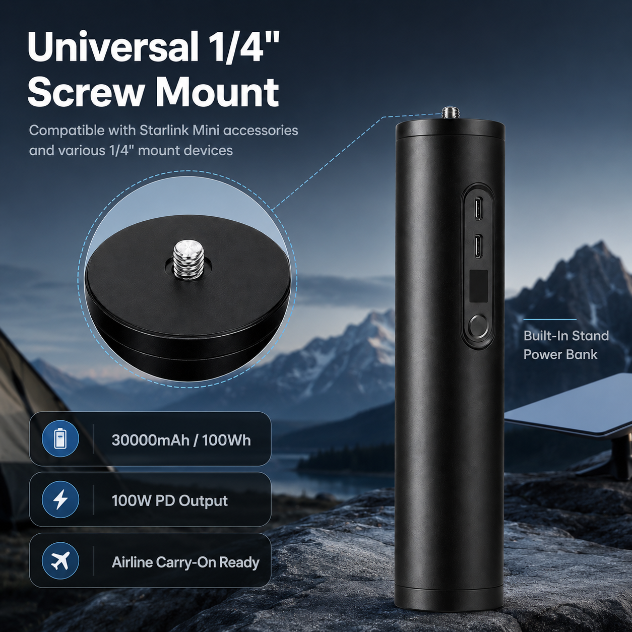 Starlink Mini Stand Power Bank Quarter Inch Screw Mount 30000mAh 100Wh