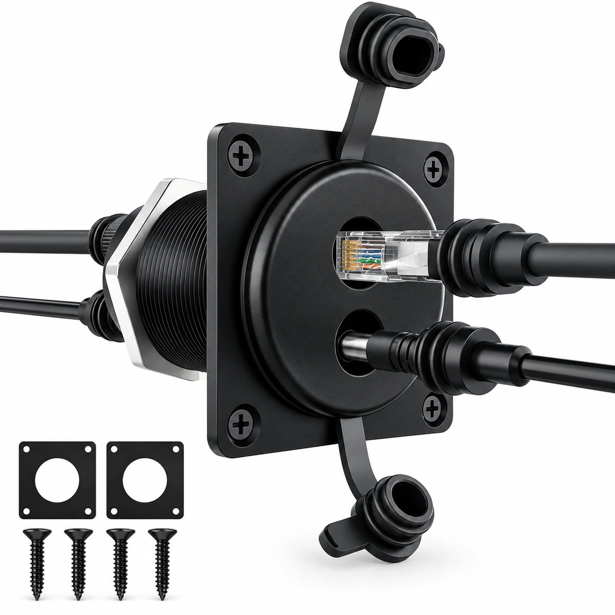 Black aluminum RJ45 and DC panel port with sealing gaskets and screws