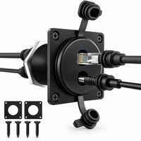 Black aluminum RJ45 and DC panel port with sealing gaskets and screws