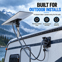 Weather-sealed RJ45 and DC wall port installed on an RV