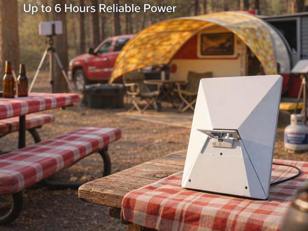 Starlink Mini powered at a forest campsite beside a camper