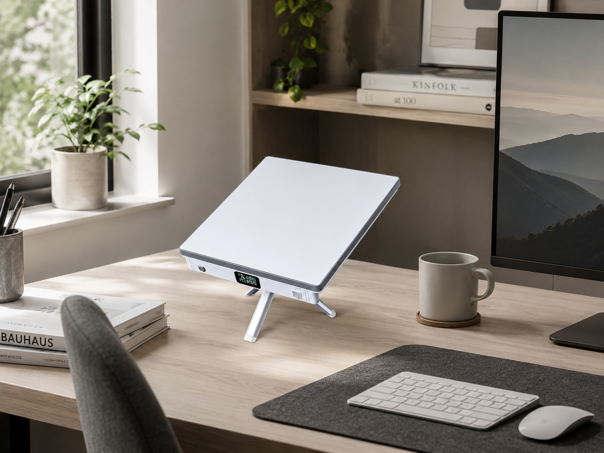 Starlink Mini on a compact stand beside a home office desk