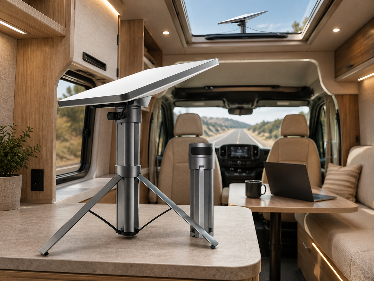 Starlink Mini on a portable tripod mount inside an RV