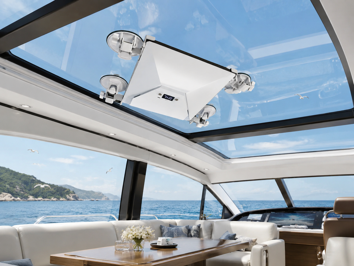 Starlink Mini secured to a yacht skylight with four suction cups